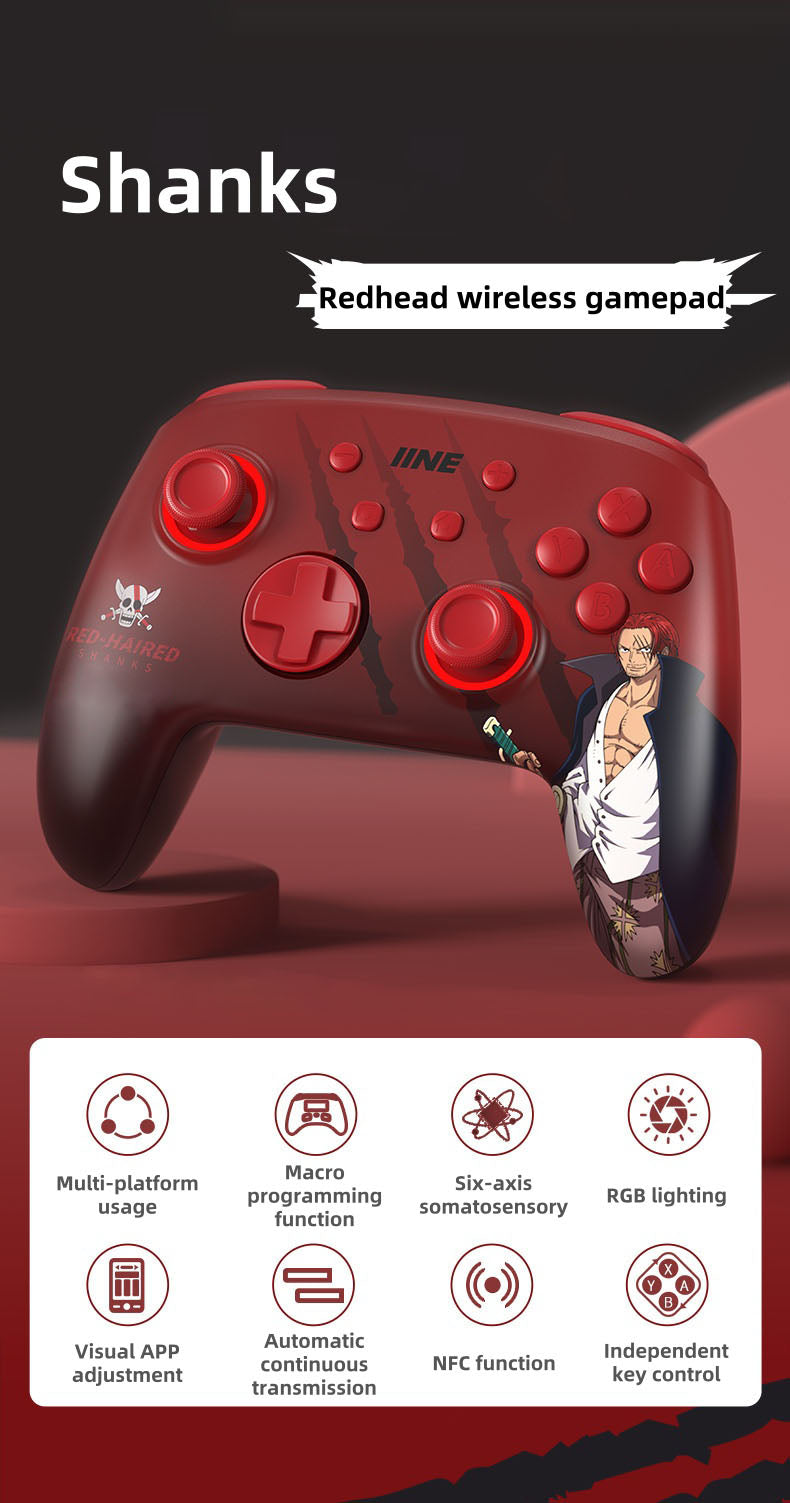 One Piece Shanks Wireless Game Controller, Anime Red-Haired Shanks Bluetooth Gamepad, RGB Light Programmable Gaming Controller, Dual Vibration Joystick for Switch, PC, Steam, One Piece Anime Game Gift for Fans