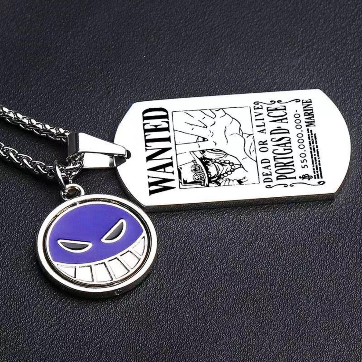 One Piece Portgas D. Ace Rotatable Pendant Necklace, Stainless Steel Dog Tag Wanted Poster Necklace Anime Jewelry Gift For Collection Fans