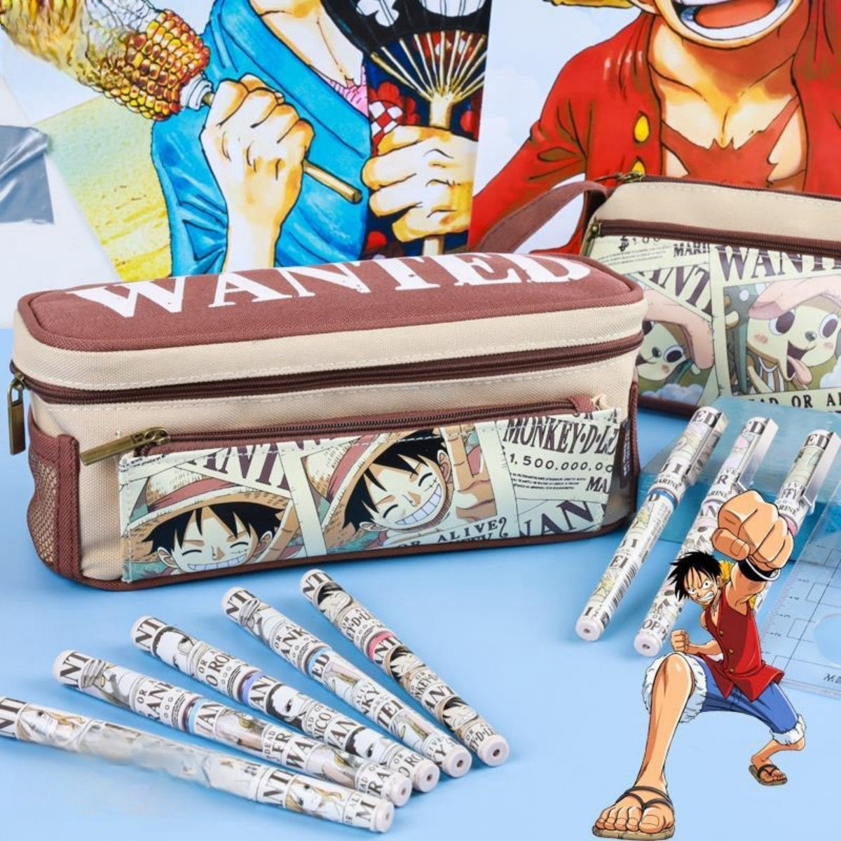 One Piece Anime Pencil Case, Luffy Zoro Sanji Chopper Wanted Poster Large Capacity Pen Bag, Multi-layer Canvas Stationery Storage Pouch, Anime School Supplies Gift for One Piece Fans