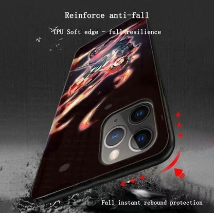 Demon Slayer LED Light Up Phone Case, Anime Tanjiro Shinobu Luminous Tempered Glass Back Cover, Flash Light Glowing Case for iPhone, Shockproof Protective Anime Phone Shell