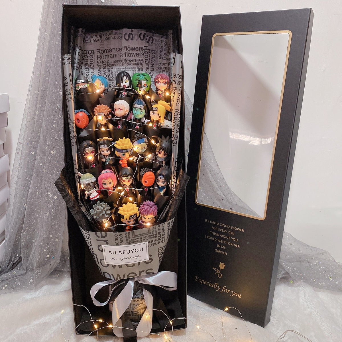 Naruto Anime Figure Bouquet with LED Fairy Lights, Naruto Mini Figurine Artificial Rose Gift Box, Handmade Character Flower Bouquet, Birthday Valentine Graduation Gift for Naruto Fans