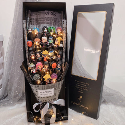 Naruto Anime Figure Bouquet with LED Fairy Lights, Naruto Mini Figurine Artificial Rose Gift Box, Handmade Character Flower Bouquet, Birthday Valentine Graduation Gift for Naruto Fans