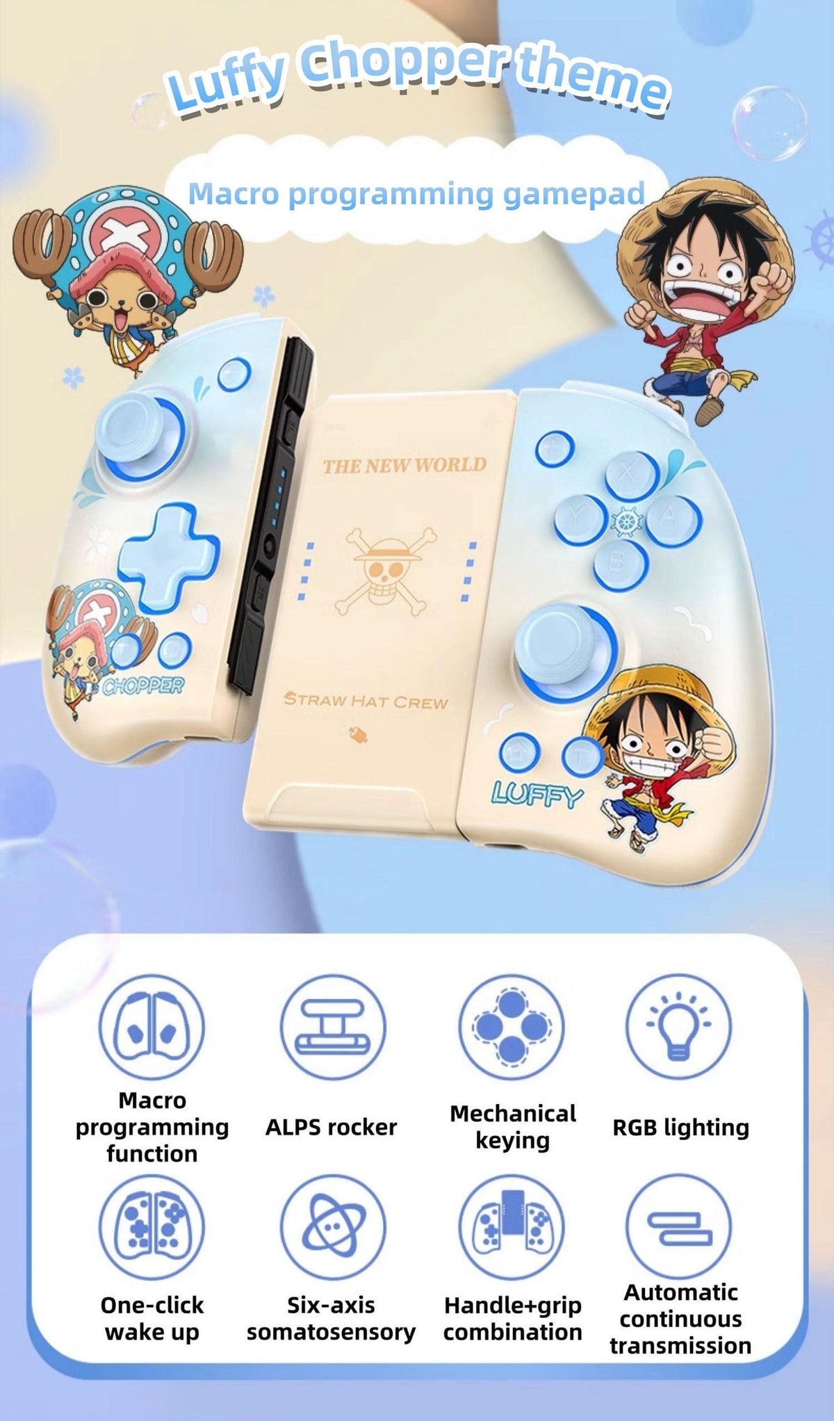 One Piece Luffy & Chopper Split Joycon Controller with RGB Light, Wireless Bluetooth Gamepad for Nintendo Switch / OLED / Lite, Straw Hat Crew Anime Handheld Gaming Controller, Gaming Gift for One Piece Fans
