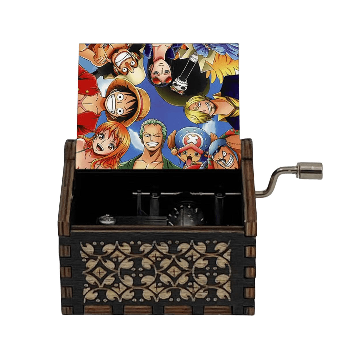 One Piece Anime Hand Crank Wooden Music Box, Straw Hat Pirates Luffy Crew Print Lid Engraved Musical Box, Classic Anime Theme Song, Manual Hand Crank No Battery, Anime Collectible Desk Decor Gift for Fans
