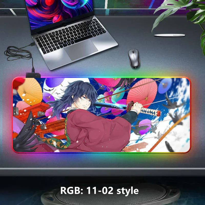 Demon Slayer RGB Gaming Mouse Pad, Large Extended Anime Desk Mat, LED Glowing Non-Slip Rubber Keyboard Pad, Multiple Nezuko Tanjiro Designs, Waterproof Desk Pad for PC Gamers