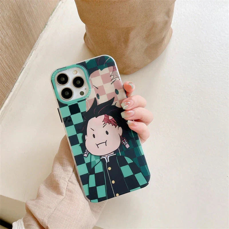 Demon Slayer Cute Chibi Tanjiro Nezuko Phone Case, Kawaii Cartoon Anime Protective Cover, Soft Shockproof Silicone Phone Shell for iPhone, Demon Slayer Manga Fan Merch Gift
