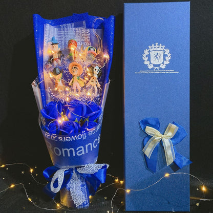 One Piece Figure Bouquet, Anime Luffy Zoro Sanji Chopper Figurine Bouquet with LED Fairy Lights, Artificial Rose Flower Gift Box, Birthday Valentine Anniversary Gift for Anime Fans