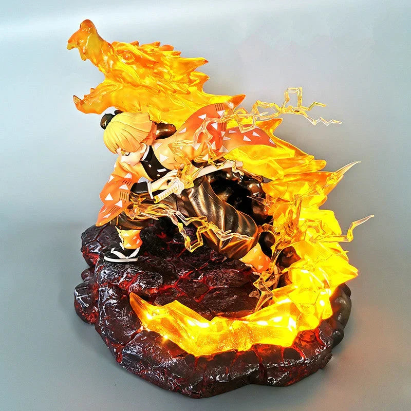 Demon Slayer Zenitsu Agatsuma Figure, Zenitsu Thunder Breathing Battle Statue with LED Light Dragon Effect Base, Anime Collectible Figurine, Desktop Display Model Toy, Gift for Demon Slayer Fans