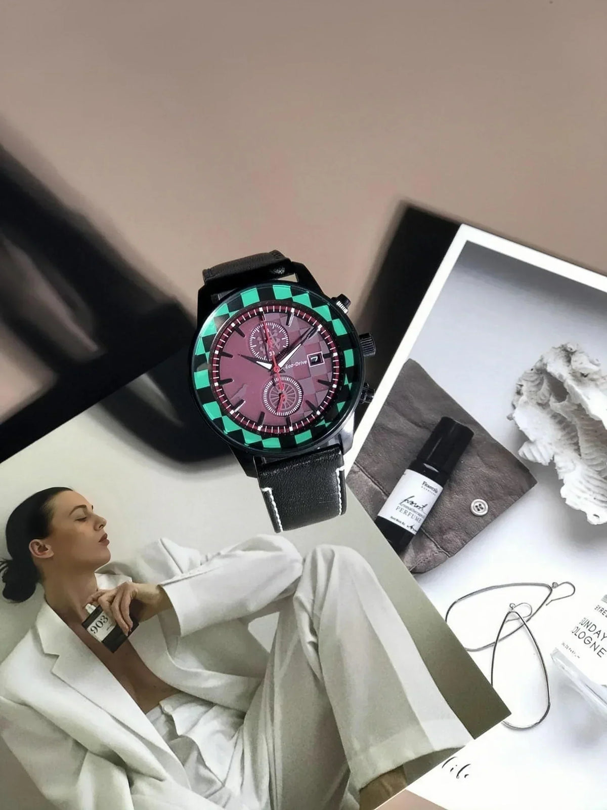 Demon Slayer Tanjiro Wrist Watch, Anime Tanjiro Checkerboard Dial Quartz Watch, Leather Strap Chronograph Wristwatch, Collectible Analog Watch Gift for Demon Slayer Fans