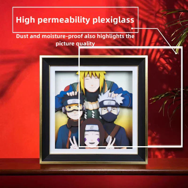 Naruto Minato Team 3D Paper Cut Shadow Box Framed Art, Handmade Layered Papercraft Wall Decor, Minato Kakashi Obito Rin Anime Picture Frame, Anime Fan Room Decor Gift