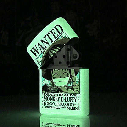 One Piece Luffy Wanted Poster Lighter, Noctilucent Glow In The Dark Kerosene Lighter, Monkey D. Luffy Bounty Poster Windproof Flip Top Metal Lighter, Anime Collectible Desktop Decoration Gift for One Piece Fans