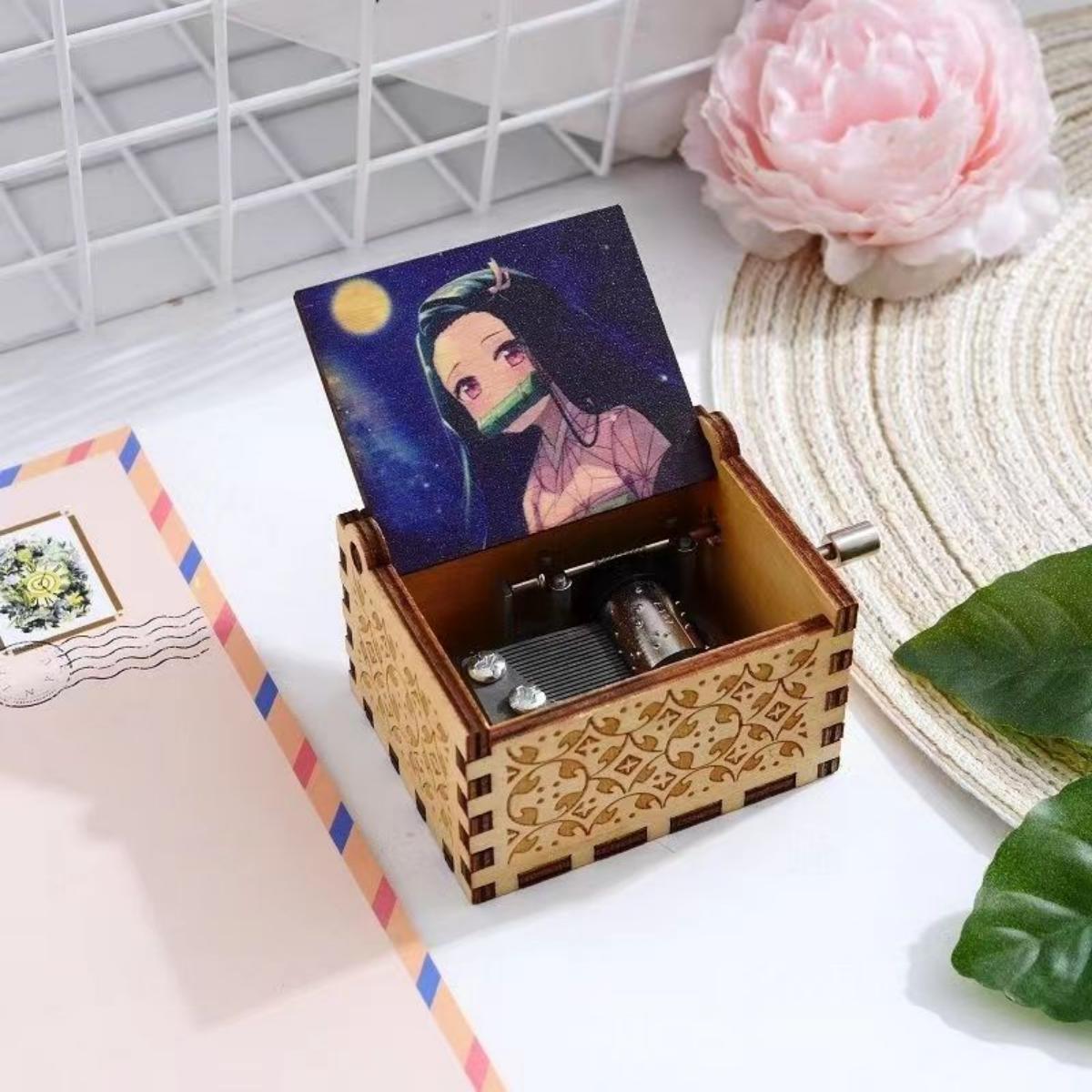 Demon Slayer Hand Crank Wooden Music Box, Anime Character Print Engraved Musical Box, Classic Hand Cranked Music Box, Collectible Anime Keepsake Gift for Demon Slayer Fans