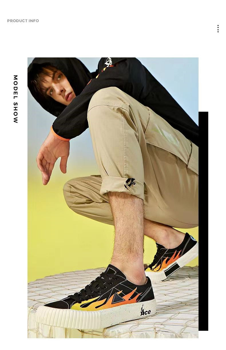 One Piece Ace Low Top Canvas Sneakers for Men Women, Black Orange Flame Graphic Portgas D Ace Anime Skate Shoes, Unisex Lace-Up Thick Ribbed Cookie Sole Streetwear Casual Walking Shoes, Anime Fan Collectible Gift
