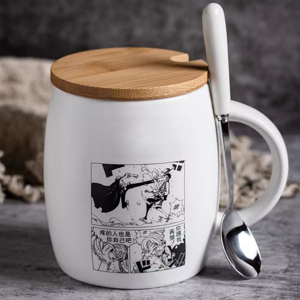 One Piece Anime Manga Panel Ceramic Mug with Bamboo Lid & Spoon, Black White Comic Print Coffee Cup, Large Capacity Drinking Mug, Anime Fan Desktop Decor Collectible Gift for One Piece Fans