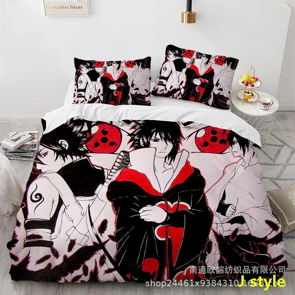 Naruto Anime Bedding Set, 3D Print Duvet Cover with Pillowcases, Akatsuki Red Cloud Comforter Cover Set, Soft Microfiber Bed Sheets, Bedroom Decor Gift for Naruto Fans