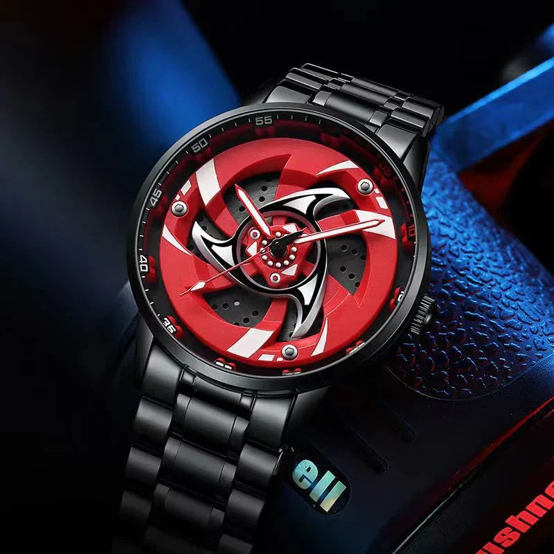 Naruto Sharingan Anime Watch for Men, Uchiha Sasuke Madara Rotating Sharingan Dial Wrist Watch, Stainless Steel Band Quartz Watch, Anime Cosplay Accessory, Collectible Gift for Naruto Fans