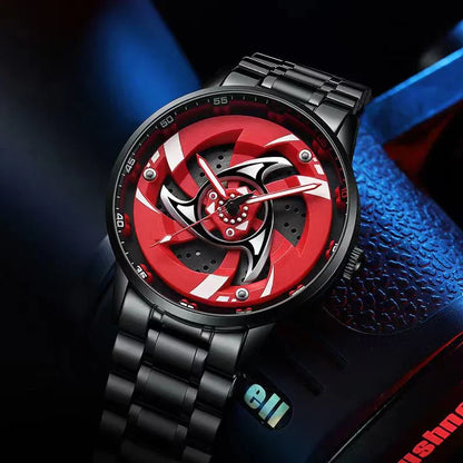 Naruto Sharingan Anime Watch for Men, Uchiha Sasuke Madara Rotating Sharingan Dial Wrist Watch, Stainless Steel Band Quartz Watch, Anime Cosplay Accessory, Collectible Gift for Naruto Fans