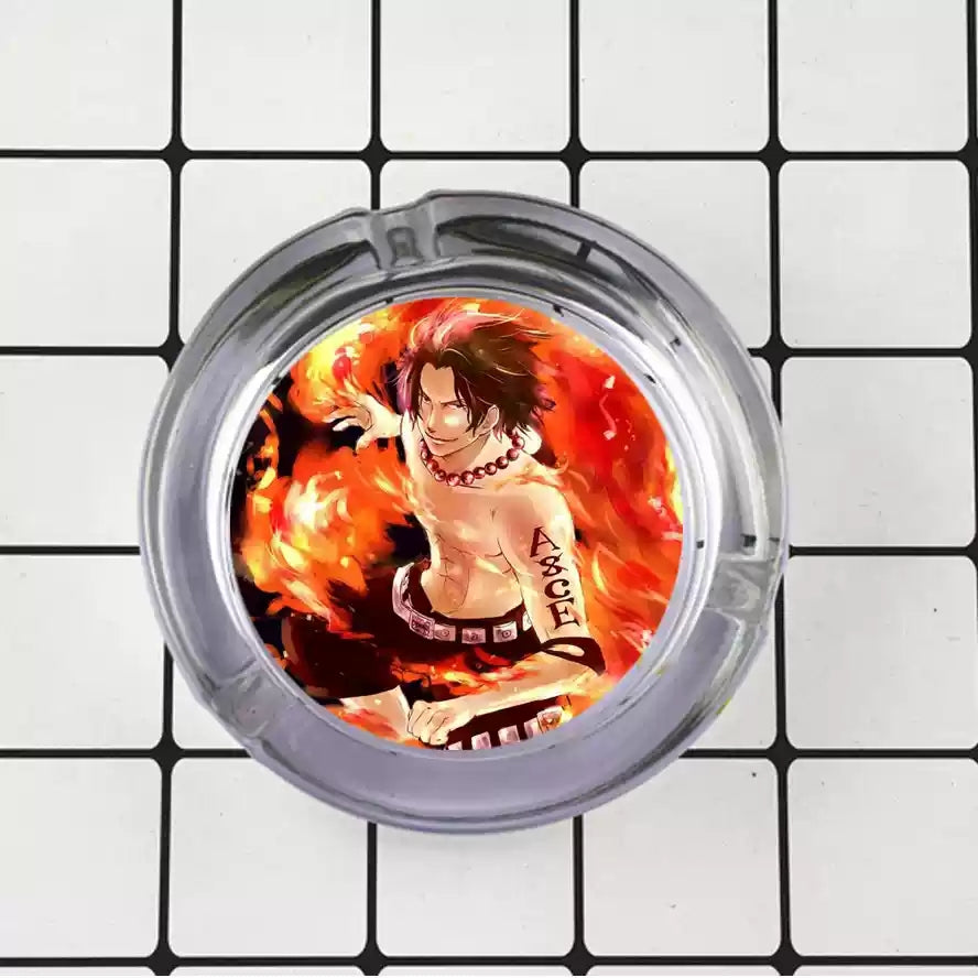 One Piece Anime Glass Ashtray, Luffy Zoro Ace Sanji Round Cigarette Ashtray, Portable Clear Glass Ash Tray with Character Print, Desktop Decor Collectible Gift for One Piece Fans