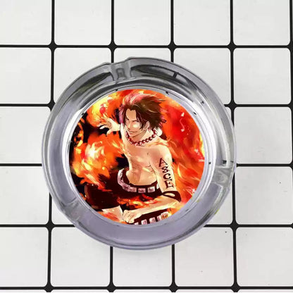One Piece Anime Glass Ashtray, Luffy Zoro Ace Sanji Round Cigarette Ashtray, Portable Clear Glass Ash Tray with Character Print, Desktop Decor Collectible Gift for One Piece Fans