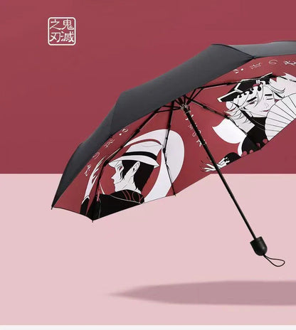 Demon Slayer Anime Folding Umbrella, Tanjiro Nezuko Zenitsu Inosuke Print Portable Compact Travel Umbrella, Sun Rain Protection Windproof Manual Umbrella with Metal Handle, Demon Slayer Fan Merch Gift