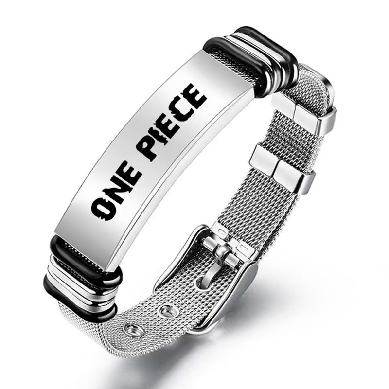 One Piece Monkey D. Luffy Roronoa Zoro Engraved Stainless Steel Mesh Bracelet Adjustable Wristband Anime Wanted Poster Jewelry Gift For Anime Fans