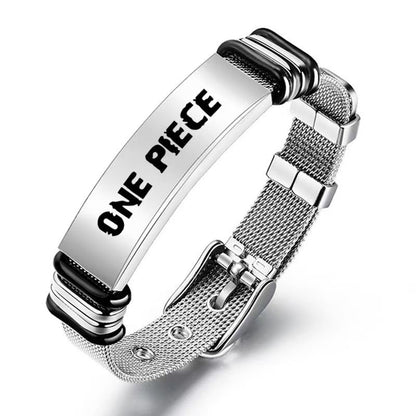 One Piece Monkey D. Luffy Roronoa Zoro Engraved Stainless Steel Mesh Bracelet Adjustable Wristband Anime Wanted Poster Jewelry Gift For Anime Fans