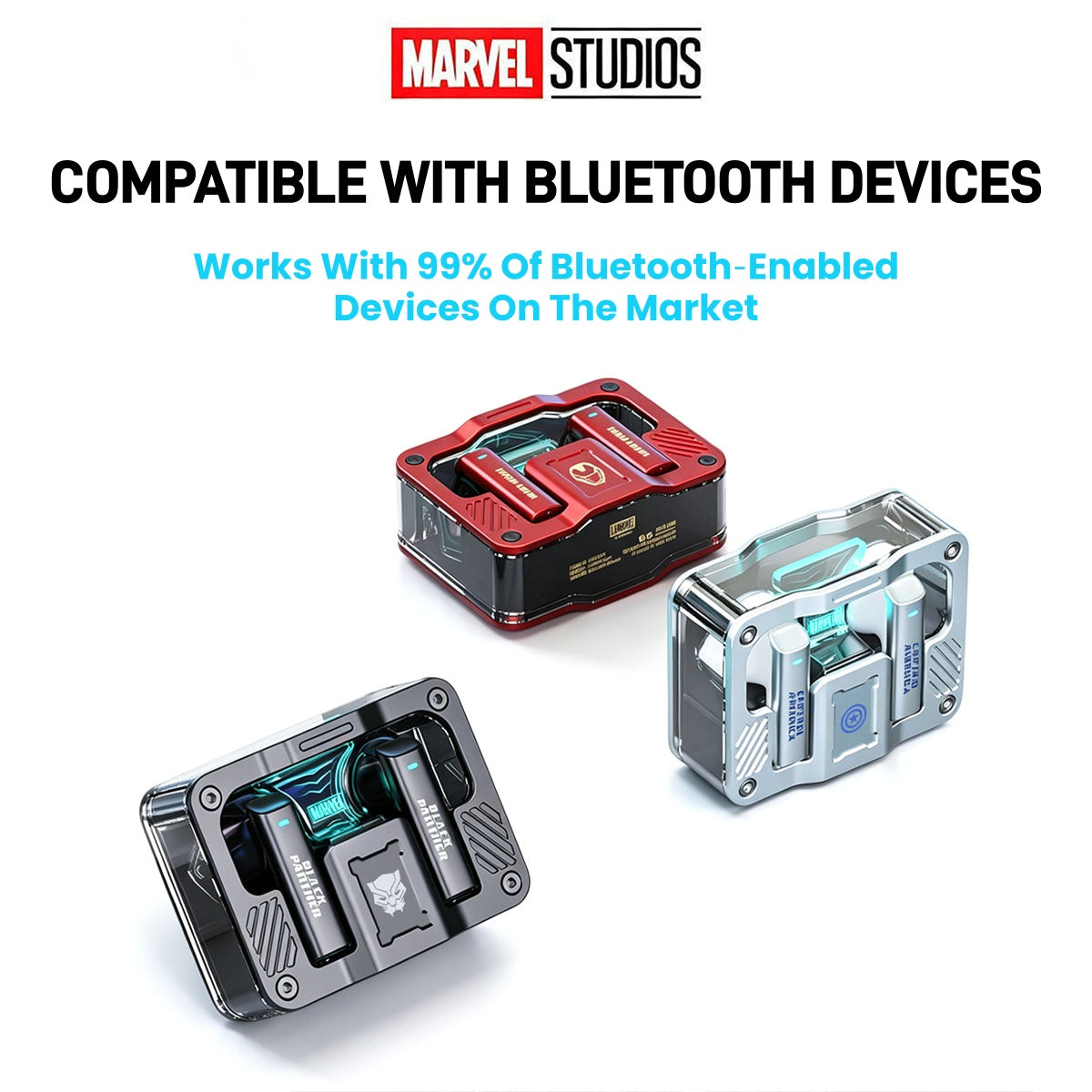 Marvel Iron Man Captain America Black Panther TWS True Wireless Gaming Earbuds, Bluetooth 5.3 Headphones RGB Light Low Latency Touch Control Zinc‑Alloy Transparent Charging Case