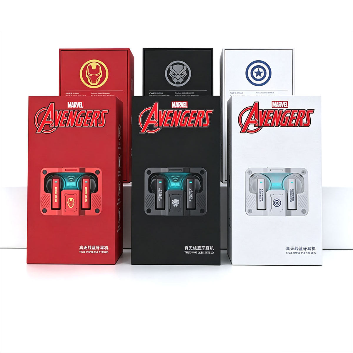 Marvel Iron Man Captain America Black Panther TWS True Wireless Gaming Earbuds, Bluetooth 5.3 Headphones RGB Light Low Latency Touch Control Zinc‑Alloy Transparent Charging Case