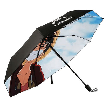 One Piece Anime Folding Umbrella, Luffy Zoro Ace Straw Hat Crew Printed Compact Rain Sun Umbrella, Portable Auto Open Close Parasol, Anime Merch Gift for One Piece Fans
