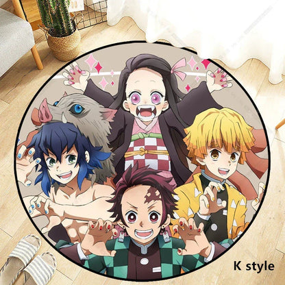 Demon Slayer Round Non-Slip Rug, Kimetsu no Yaiba Anime Character Circular Floor Mat, Soft Decorative Area Rug, Anti-Skid Carpet for Bedroom Living Room Entrance, Anime Merch Gift for Demon Slayer Fans