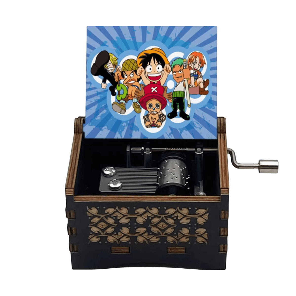 One Piece Anime Hand Crank Wooden Music Box, Straw Hat Pirates Luffy Crew Print Lid Engraved Musical Box, Classic Anime Theme Song, Manual Hand Crank No Battery, Anime Collectible Desk Decor Gift for Fans