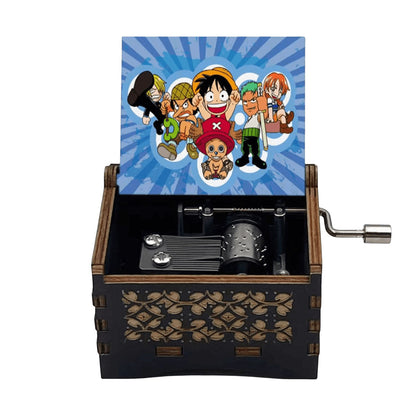 One Piece Anime Hand Crank Wooden Music Box, Straw Hat Pirates Luffy Crew Print Lid Engraved Musical Box, Classic Anime Theme Song, Manual Hand Crank No Battery, Anime Collectible Desk Decor Gift for Fans