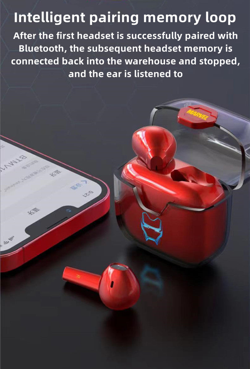 Marvel TWS True Wireless Bluetooth Earbuds, Iron Man Black Panther Semi In-ear Earphones, Transparent Charging Case Marvel Stereo Headphones, Portable Marvel Collectible Earbuds, Gift for Marvel Superhero Fans