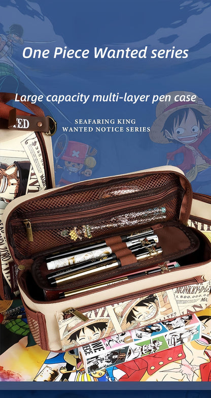One Piece Anime Pencil Case, Luffy Zoro Sanji Chopper Wanted Poster Large Capacity Pen Bag, Multi-layer Canvas Stationery Storage Pouch, Anime School Supplies Gift for One Piece Fans