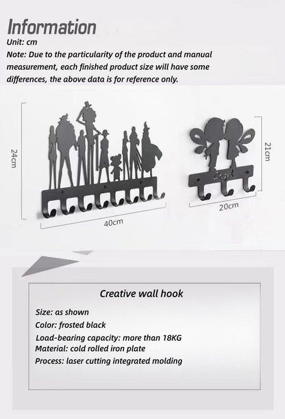One Piece Straw Hat Crew Silhouette Wall Hook, Anime Metal Coat Hanger Rack, Wall Mount Multi Hooks, Nail-Free & Screws Included, Decorative Wall Hanger for Coat Key Hat, Anime Room Decor Gift for One Piece Fans