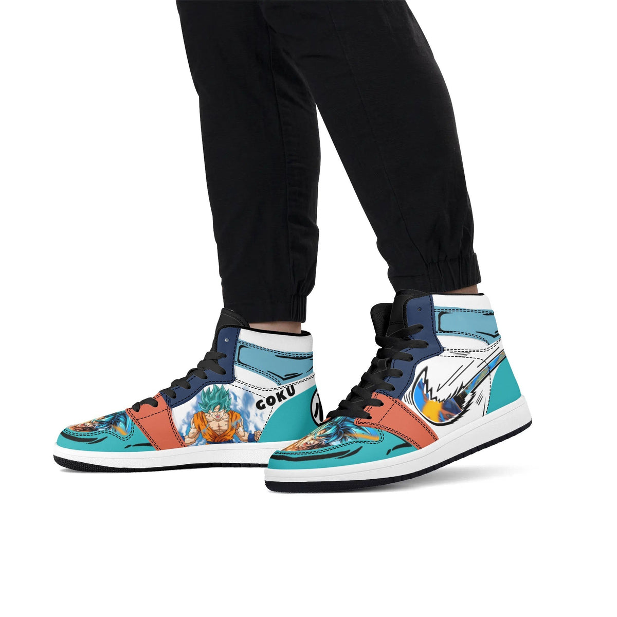 Dragon Ball Goku Super Saiyan Blue Anime High Top Sneakers, Teal White Orange Custom Print Streetwear Shoes, Men Women Casual Fashion Sneakers, Anime Fan Collectible Footwear Gift