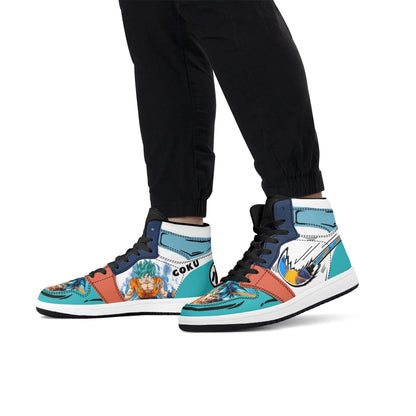 Dragon Ball Goku Super Saiyan Blue Anime High Top Sneakers, Teal White Orange Custom Print Streetwear Shoes, Men Women Casual Fashion Sneakers, Anime Fan Collectible Footwear Gift