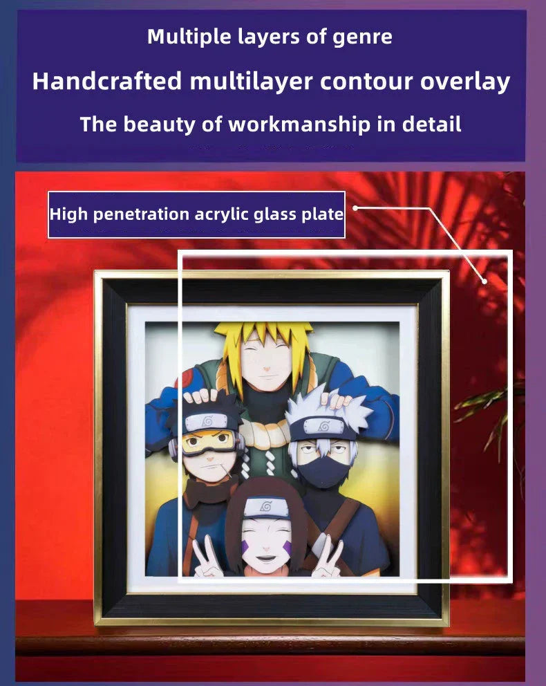 Naruto Minato Team 3D Paper Cut Shadow Box Framed Art, Handmade Layered Papercraft Wall Decor, Minato Kakashi Obito Rin Anime Picture Frame, Anime Fan Room Decor Gift