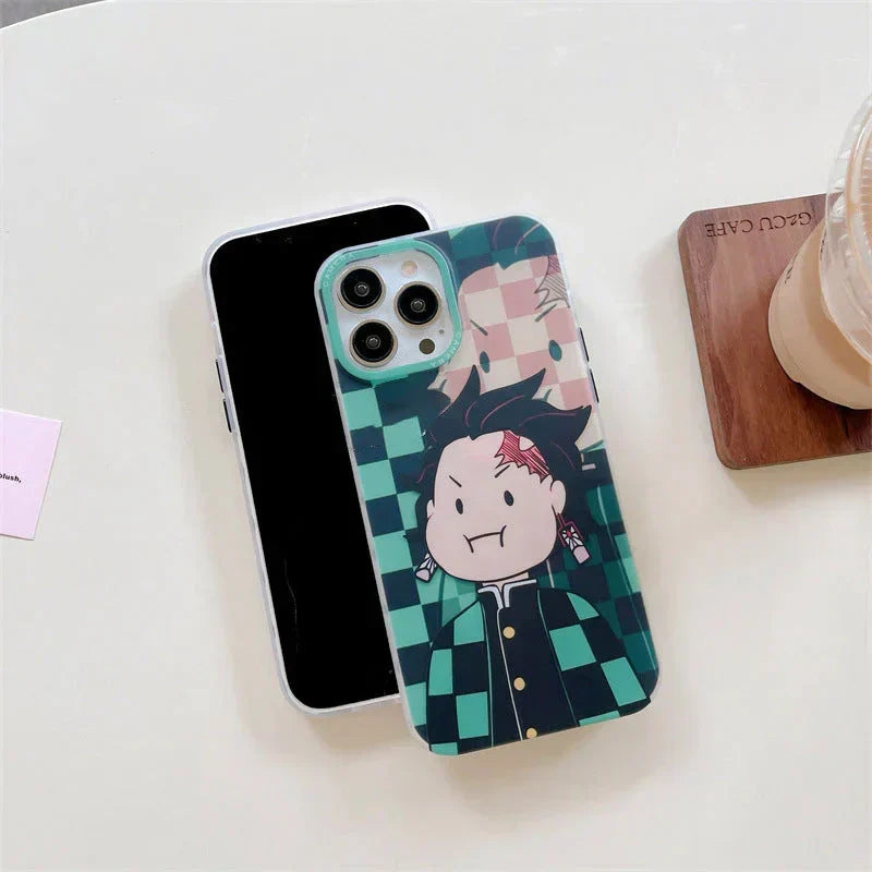 Demon Slayer Cute Chibi Tanjiro Nezuko Phone Case, Kawaii Cartoon Anime Protective Cover, Soft Shockproof Silicone Phone Shell for iPhone, Demon Slayer Manga Fan Merch Gift