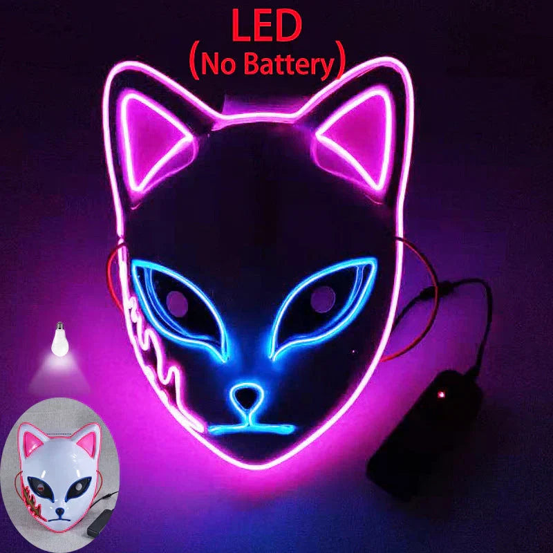 Demon Slayer Anime Cosplay Mask, Inosuke Boar Mask & LED Glowing Cat Fox Mask, Kimetsu no Yaiba Halloween Party Costume Prop, Light Up Anime Mask for Cosplay, Halloween Carnival Dress Up Gift