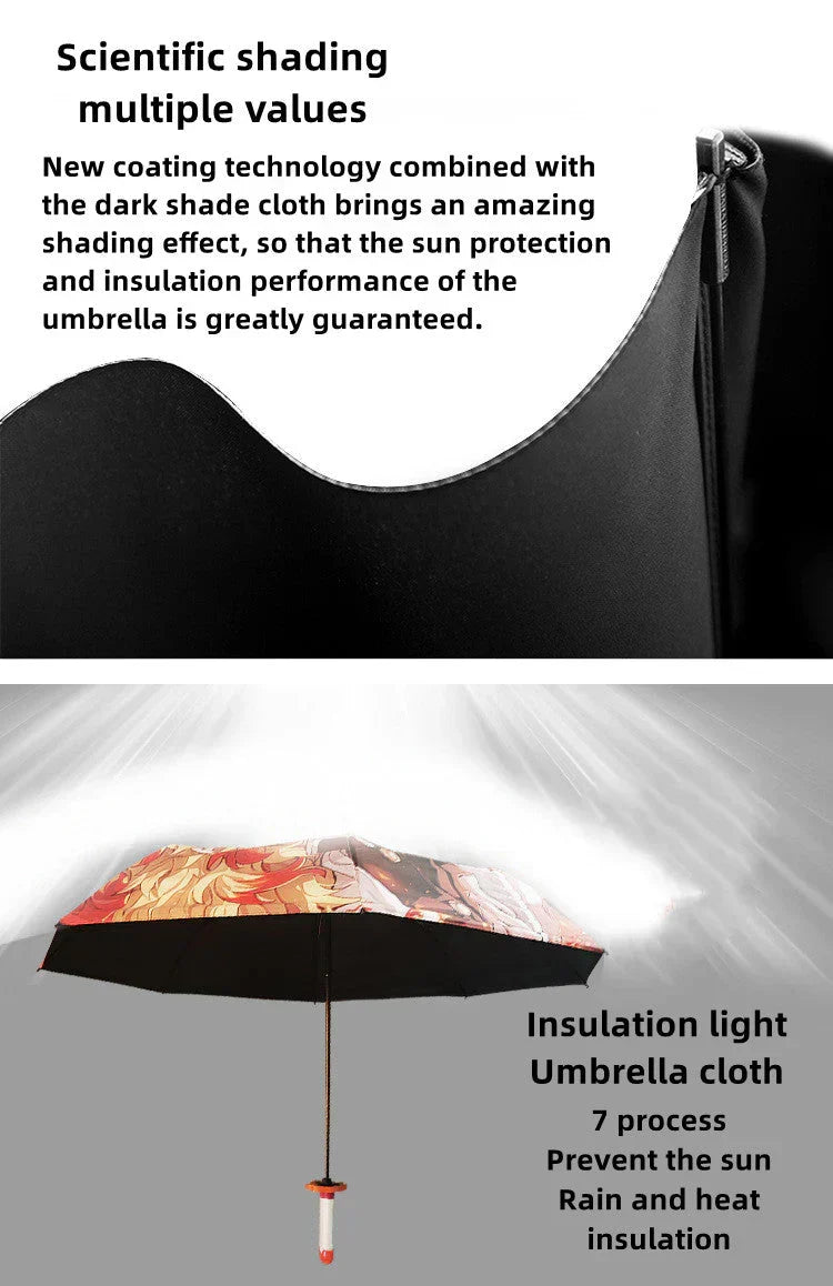 Demon Slayer Anime Katana Sword Umbrella, Nichirin Sword Shape Handle Folding Umbrella, Tanjiro Rengoku Shinobu Giyuu Printed Sun Rain Umbrella, Demon Slayer Merch Cosplay Gift for Anime Fans