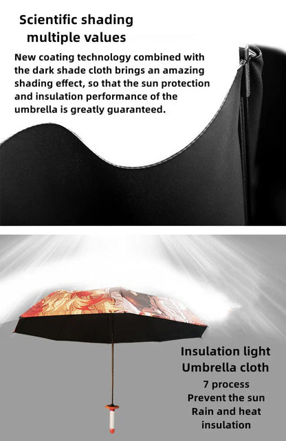 Demon Slayer Anime Katana Sword Umbrella, Nichirin Sword Shape Handle Folding Umbrella, Tanjiro Rengoku Shinobu Giyuu Printed Sun Rain Umbrella, Demon Slayer Merch Cosplay Gift for Anime Fans