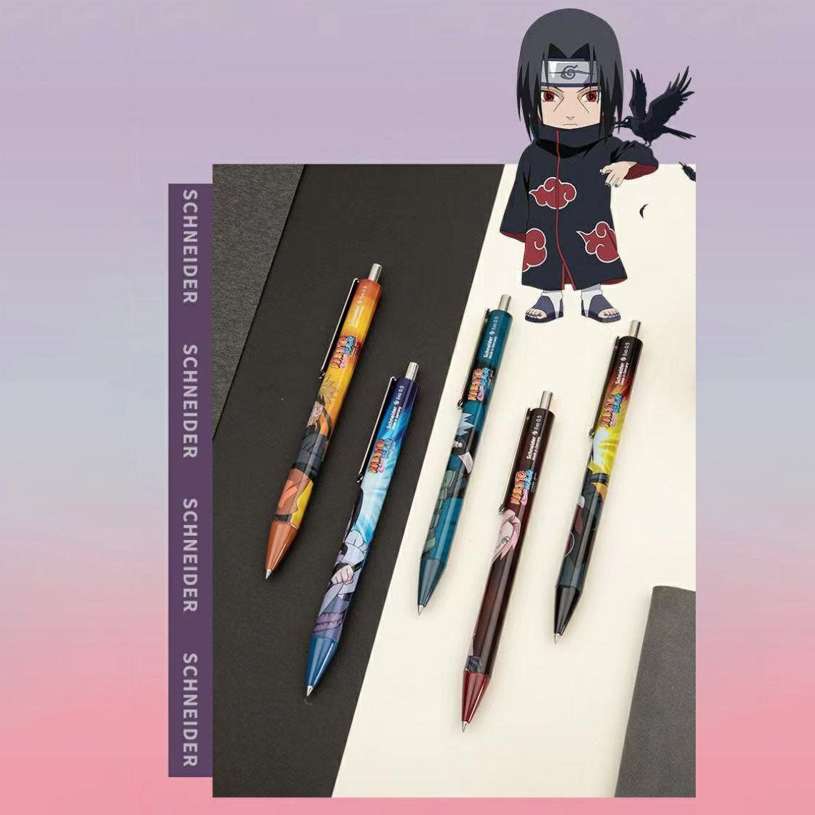 Naruto Anime Ballpoint Pen Set, 5 Pcs Character Printed Metal Gel Pens with Collectible Iron Gift Box, Naruto Sasuke Sakura Kakashi Itachi Stationery Set, Anime Merch School Writing Pens Gift for Naruto Fans