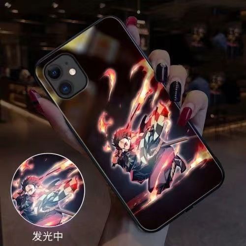 Demon Slayer LED Light Up Phone Case, Anime Tanjiro Shinobu Luminous Tempered Glass Back Cover, Flash Light Glowing Case for iPhone, Shockproof Protective Anime Phone Shell