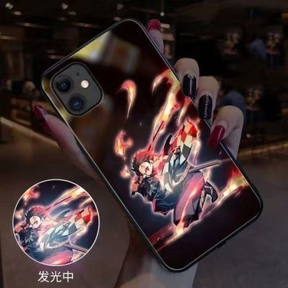 Demon Slayer LED Light Up Phone Case, Anime Tanjiro Shinobu Luminous Tempered Glass Back Cover, Flash Light Glowing Case for iPhone, Shockproof Protective Anime Phone Shell