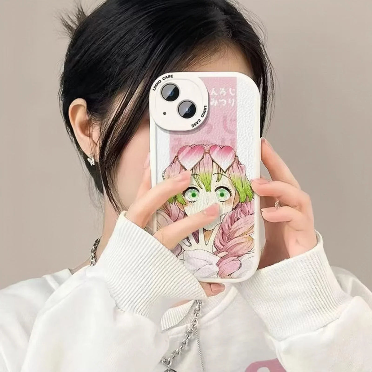 Demon Slayer Mitsuri Kanroji Anime Phone Case, Love Hashira Pink Cartoon Print Sheepskin Texture Soft Shockproof Protective Phone Cover, Cute Anime Phone Shell for iPhone, Kimetsu no Yaiba Merch Gift for Fans