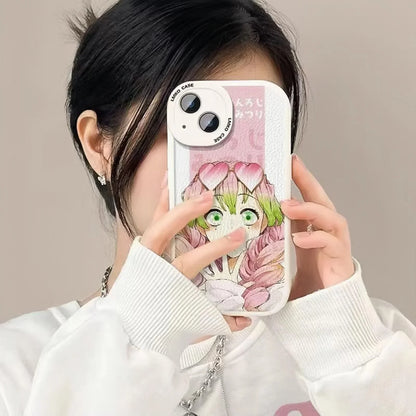 Demon Slayer Mitsuri Kanroji Anime Phone Case, Love Hashira Pink Cartoon Print Sheepskin Texture Soft Shockproof Protective Phone Cover, Cute Anime Phone Shell for iPhone, Kimetsu no Yaiba Merch Gift for Fans