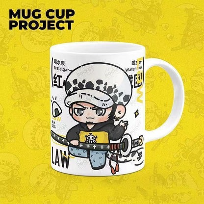 One Piece Anime Ceramic Mug, Q Chibi Version Luffy Zoro Sanji Ace Law Coffee Tea Cup, 11oz Color Inside Mug, Microwave Safe, Anime Fan Home Office Drinkware Birthday Gift