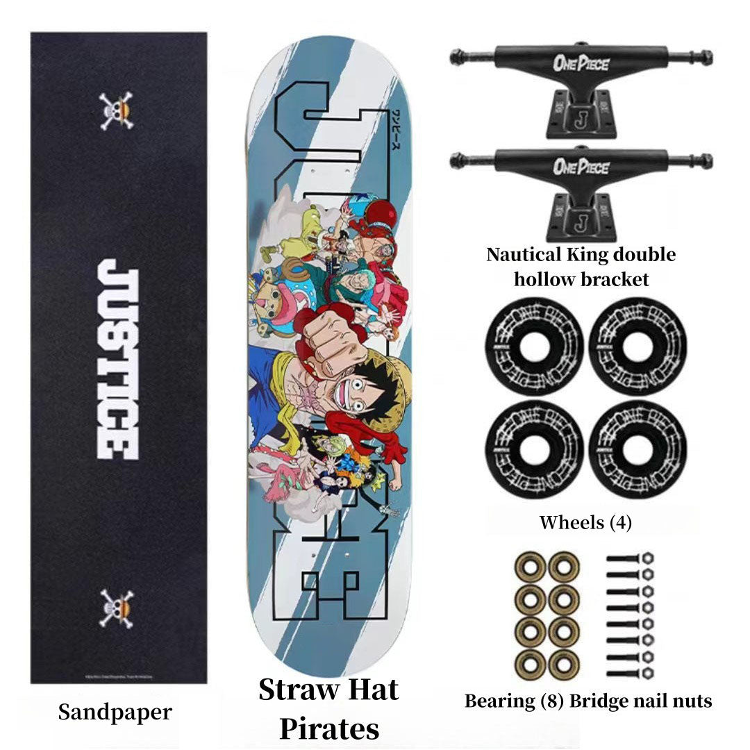 One Piece Anime Complete Skateboard Set, 7 Layer Maple Double Kick Skate Board, Luffy Zoro Sanji Nami Chopper Print Skateboard, Anime Collectible Skateboard for Teens Adults, One Piece Fan Gift