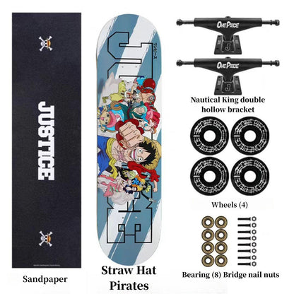 One Piece Anime Complete Skateboard Set, 7 Layer Maple Double Kick Skate Board, Luffy Zoro Sanji Nami Chopper Print Skateboard, Anime Collectible Skateboard for Teens Adults, One Piece Fan Gift